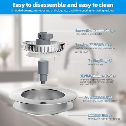 Hibbent 3 in 1 Kitchen Sink Drain Strainer, Stainless Steel Drain Stopper Combo, Pop Up Sink Stopper, Anti-Clogging Metal Basket Strainer with Handle for US Standard 3-1/2" Drain