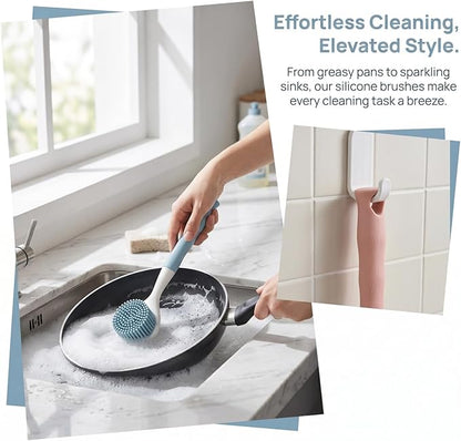 2 PCS Silicone Dishwashing Brush, Non-Stick Pot Scrubber with Long Handle, Durable Scrub Brushes for Cleaning Dishes, Cast Iron Pans, Sinks and Kitchen Cookware, Heat Resistant Cleaning Tool