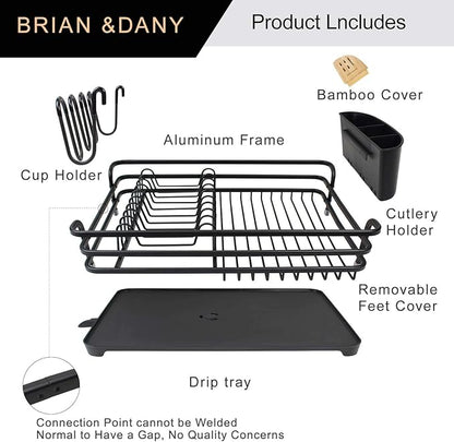 BRIAN & DANY Aluminum Dish Drying Rack, Dish Racks for Kitchen Counter, Dish Drainer with Removable Cutlery Holder & Cup Holder, 16.5" L x 11.8" W, Black