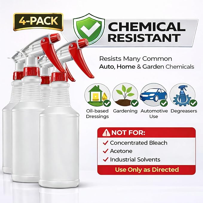 Bar5F Plastic Spray Bottles 2 Pack, 16 Oz, All-Purpose, Empty for Chemical and Cleaning Solutions, Adjustable Head Sprayer Fine to Stream (Pack of 4 (Red))