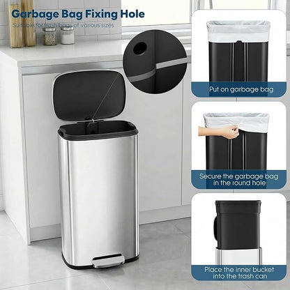 13.2 Gal Kitchen Trash Can, 50L Recycling or Garbage Bin, Brushed Stainless Steel Waste Basket, Soft&Quiet Close Dustbin, with Step-On Pedal, Removable Inner Bucket, for Home, Office, Living Room