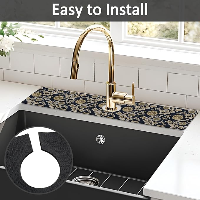 2PCS 24" X 5.5" Kitchen Sink Splash Guard Faucet Mat Floral Flower Super Absorbent Fast Drying Faucet Guard & Draining Mat Sink Splash Guard Behind Faucet for Kitchen, Bathroom