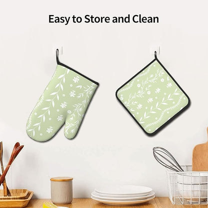 Sage Green Oven Mitt Pot Holder Set Floral BBQ Cooking Gloves Farmhouse Botanical Baking Grilling Kitchen Gifts for Spring Summer