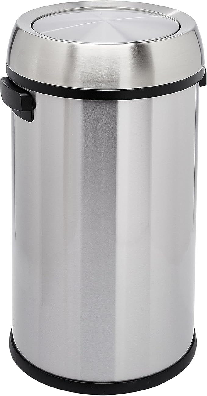 Amazon Basics Round Stainless Steel Trash Can with Swing Lid, Fingerprint and Smudge Resistant, 65 Litre/17.2 Gallon, Silver, Black