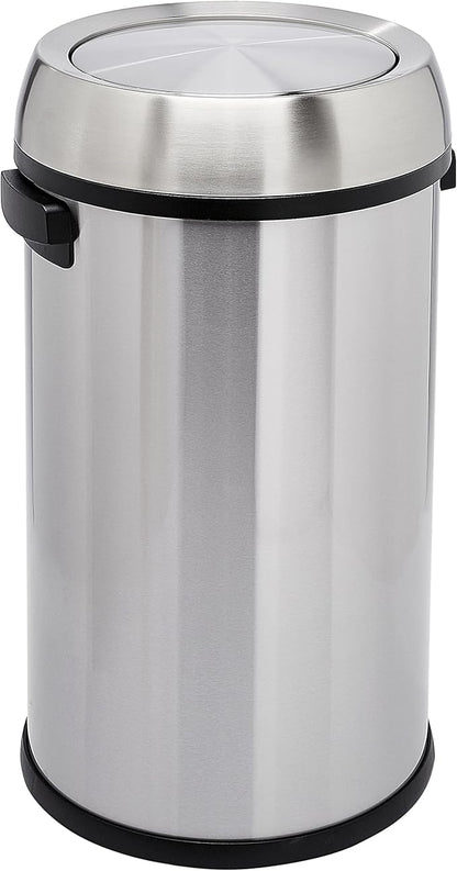 Amazon Basics Round Stainless Steel Trash Can with Swing Lid, Fingerprint and Smudge Resistant, 65 Litre/17.2 Gallon, Silver, Black