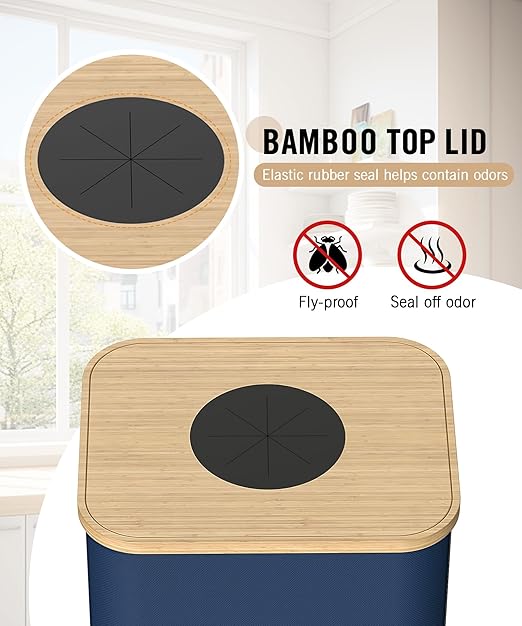 Recycling Bins for Kitchen, 26 Gallon (100L) Recycle Bin with Bamboo lid, Indoor Oxford Fabric Recycling Trash Can with 2pcs Removeable and Reusable Inner Bags for Bottle Can Glass Plastice, Blue