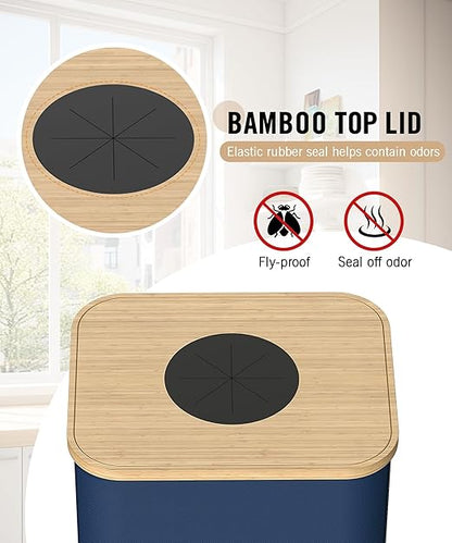 Recycling Bins for Kitchen, 26 Gallon (100L) Recycle Bin with Bamboo lid, Indoor Oxford Fabric Recycling Trash Can with 2pcs Removeable and Reusable Inner Bags for Bottle Can Glass Plastice, Blue