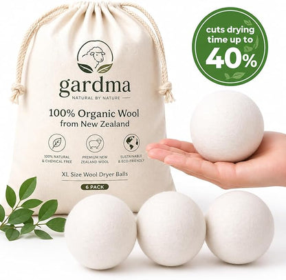 Laundry Kit with Wool Dryer Balls & Essential Oils Set – 4 XL White Dryer Balls + 6 Scent Oils for Natural Fabric Softening, Fresh Scent & Chemical-Free Laundry