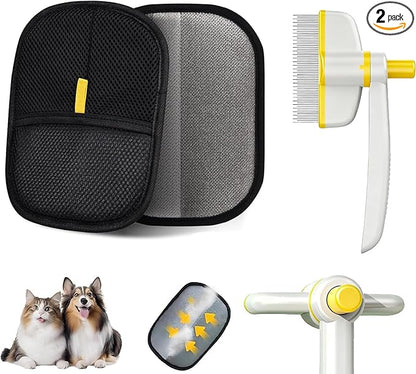 Pet Hair Removal Glove Thickened and Flea Brush,Upgraded Reusable Electrostatic Pet Hair Glove and Self-Cleaning Flea Comb with One-Touch Release,Hair Remover Tool Set for Couch, Carpet and Dogs,Cats