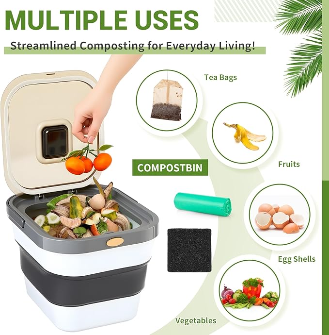 Reallnaive Collapsible Compost Bin for Kitchen Countertop 3.2 Gallon Compost Bucket for Kitchen with Lid Odorless Compost Bin Countertop with 20 Compost Bags and 1 Carbon Filters