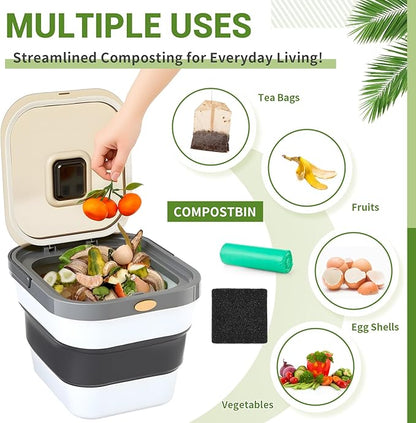 Reallnaive Collapsible Compost Bin for Kitchen Countertop 3.2 Gallon Compost Bucket for Kitchen with Lid Odorless Compost Bin Countertop with 20 Compost Bags and 1 Carbon Filters