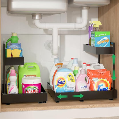 REALINN L-Shaped Under Sink Organizer with 6-Level Height Adjustment & Expandable Width, Pull-Out Cabinet Storage Rack with Quiet Sliding Rails for Kitchen, Bathroom, Black, 2 Pack