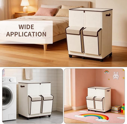 180L Large Dual Laundry Hamper With Lid And Wheels, Big Rolling Laundry Basket 2 Section Dirty Clothes Basket With 2 Side Pockets, Laundry Hanper With 2 Removable Bag For Laundry Room, Bedroom (White)