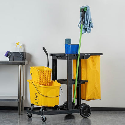 Restaurantware-Clean Tek Professional Janitor Cart with Wheels, 1 Cleaning Trolley with 18 Gallon Bag - 3 Shelves, Heavy-Duty, Black Plastic Commercial Janitorial Cart, for Restaurants
