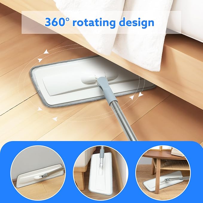 wlich Microfiber Mop for Cleaning Floors,55 Inch Extendable Flat Mop with 4 Reusable Washable Pads, 1 hook, 1 wall piece, and 1 scraper, Wet Dry and Dust Mops for Bathroom Kitchen, Floor,Ceramic Tiles