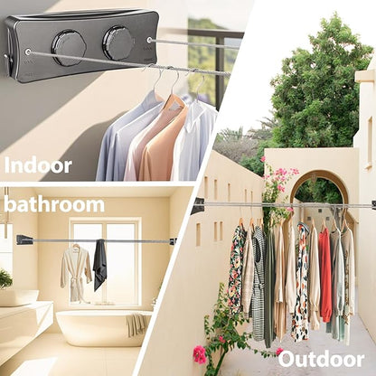 Retractable Clothesline Indoor & Outdoor, 16.7 Ft Clothes Line Outdoors Sag-Proof with Adjustable Tension & 2 Installation Ways, Laundry Rope for Pool Towels, Winter Coats(Grey)