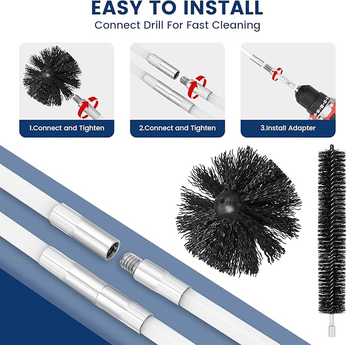 HOKLNUSE Dryer Vent Cleaner Kit Ducts Cleaning Kit for Dryer Air Duct HVAC Vent Fireplace Chimney Pellet Stove Gutter Downspout Dryer Vent Lint Removers with 1.5"&4" Brush Heads (30Feet)
