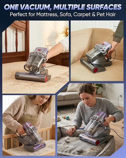 Powerful Bed Vacuum Cleaner with Digital Display, 5-Cyclone Filtration, 14kPa Strong Suction, HEPA Filter, Handheld Vacuum for Mattress, Carpet, Sofa and Pet Hair