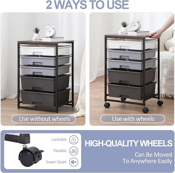 SYKIARIOL Utility Cart with 5 Drawers,Storage Drawer Cart with Wooden Tabletop and Lockable Wheels,Craft Storage Trolley Cart,5-Tier Rolling Utility Cart on Wheels,Dark Grey