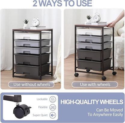 SYKIARIOL Utility Cart with 5 Drawers,Storage Drawer Cart with Wooden Tabletop and Lockable Wheels,Craft Storage Trolley Cart,5-Tier Rolling Utility Cart on Wheels,Dark Grey