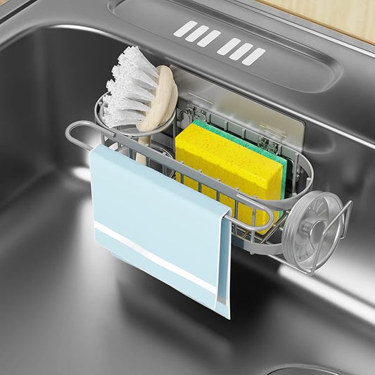 Cisily Kitchen Sink Caddy Sponge Holder in The Sink, Stainless Steel Kitchen Sink Organizer, Brush Holder, Dish Cloth Hanger, Sink Stopper Holder (Suction cup-Grey)