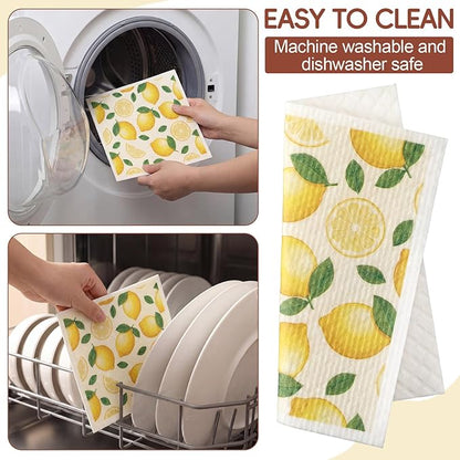 Tegeme 12 Pack Sweden Dishcloths 6 Patterns Super Absorbent Reusable Quick-Drying Washable Sponge Cloths for Kitchen Dishwashing Counters Household Cleaning Durable (Fruit)