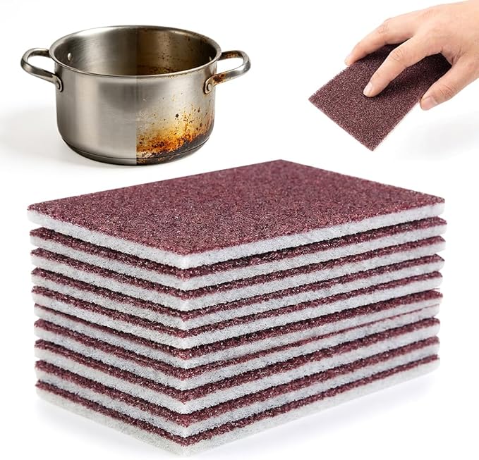 Carborundum Sponge Pads, Heavy Duty Scouring Sponges for Stainless Steel Pans, Reusable Cleaning Scrub Pads, Removes Grease Stains, Kitchen Dish Cleaning Tools (10)