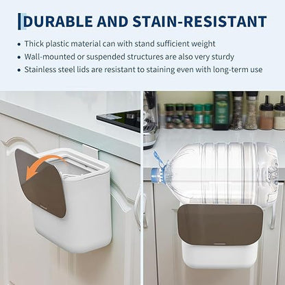 1.8 Gallon Kitchen Compost Bin for Counter Top or Under Sink, Hanging Small Trash Can with Lid for Cupboard/Bathroom/Bedroom/Office/Camping, Mountable Indoor Compost Bucket - White
