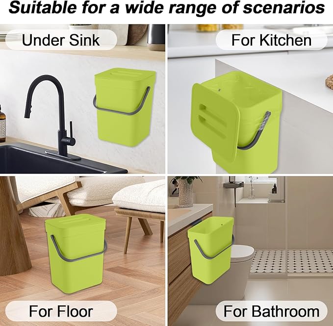 Compost Bin Kitchen, for use on Countertops or Under Sinks, Hanging Trash Can with Lid, for Cupboard/Bathroom/Bedroom/Office/Camping, Mountable Indoor Compost Bucket(Green 1.3 Gallon/5L)