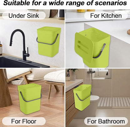 1.3 Gallon/5L Compost bin Kitchen, for use on countertops or Under Sinks, Hanging Trash can with lid, for Cupboard/Bathroom/Bedroom/Office/Camping, Mountable Indoor Compost Bucket(Green)