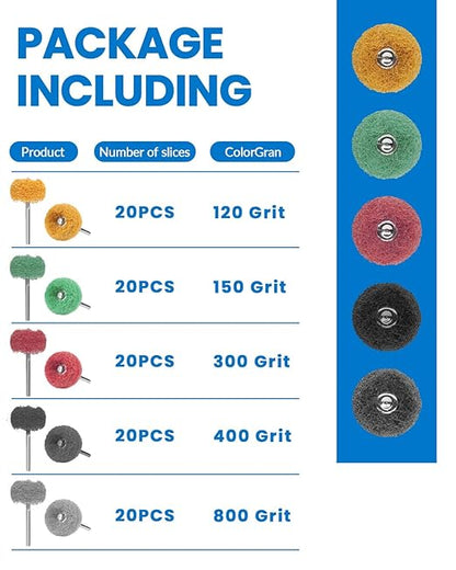 100Pcs Abrasive Buffing Wheels, 1 Inch Alumina Polishing Wheel Set, 1/8" Shank Thickened Polishing Kit for Dremel Rotary Tools, Metal Rust Removal Wood Glass Jewelry Polishing