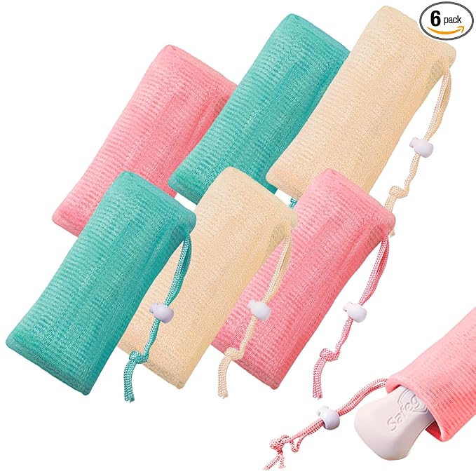 6Pcs Mesh Soap Bag, 3 Colors 6-layer Soft Soaps Pouch with Adjustable Buckle and Drawstring Soap Saver Bag to Create Foam for Body Facial Cleaning (3.12 "x 7.22" Green Pink Beige)