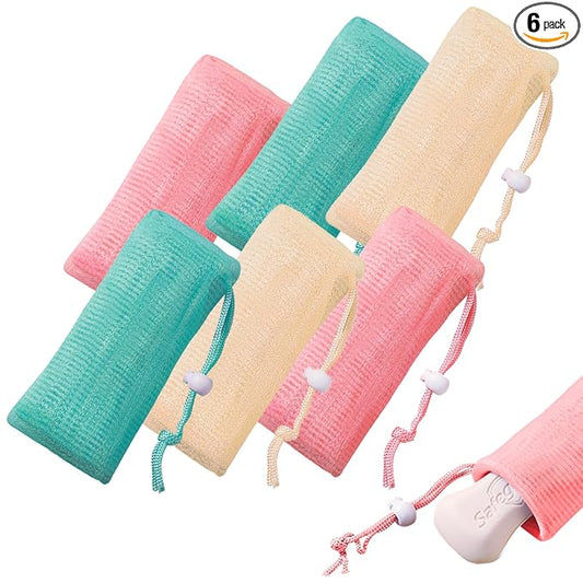 6Pcs Mesh Soap Bag, 3 Colors 6-layer Soft Soaps Pouch with Adjustable Buckle and Drawstring Soap Saver Bag to Create Foam for Body Facial Cleaning (3.12 "x 7.22" Green Pink Beige)