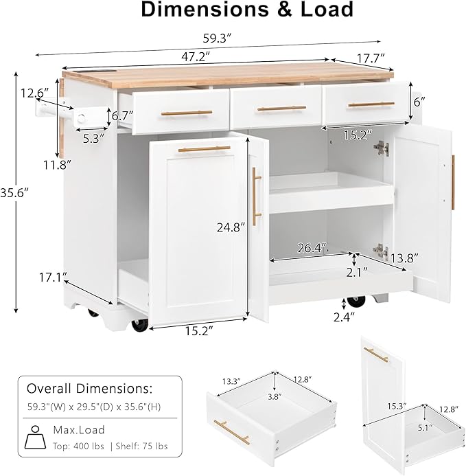 59.3" Kitchen Island with Drop Leaf and Pull Out Trash Can Storage Cabinet, Rolling Kitchen Island Table with Power Outlet, Spice & Towel Rack for Kitchen, Dining, White