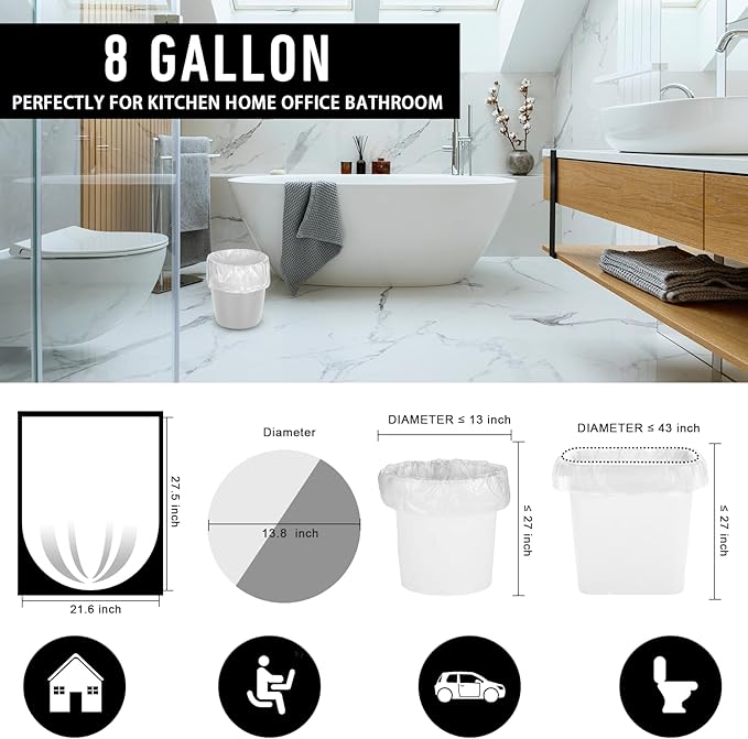 105Counts 8 Gallon Trash Bags, Flexible & Durable Kitchen Garbage Bags, Unscented & Easy Tearing Medium Trash Bag for Kitchen, Bathroom, Bedroom, Office, Transparent