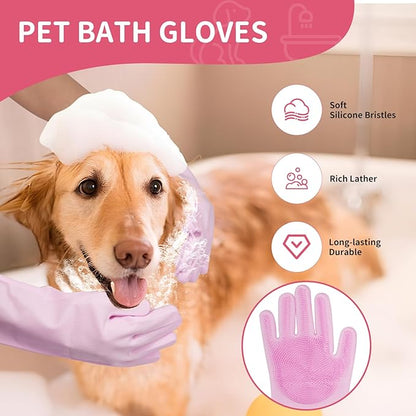 6PCS Pet Bath Grooming Kit for Dogs and Cats, Dog Washing Set with Hair Brush, Shampoo Scrubber, Bath Gloves, Quick Dry Towel & Large Storage Bag, Pink Pet Shower Grooming Supplies