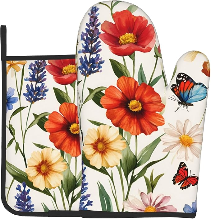 Cute Oven Mitts and Pot Holders Sets Poppy Daisy Flowers Kitchen Gloves Lavender Butterfly Hot Pads 2 Pieces Set Spring Summer Floral Kitchen Decor and Accessories