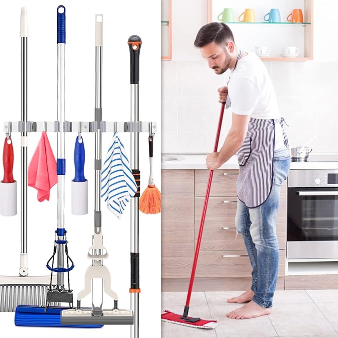 Broom Mop Holder Wall Mount Broom Hanger Wall Mounted Metal Organization Garage Storage Garden Kitchen Tool Organizer With 4 Racks and 5 Hooks (Silver, 1 Pack 4R5H)