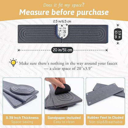 20 Inch Small Faucet Mat for Kitchen Island Sink, Instant Dry Sink Protector for Countertop, Stone Sink Caddy Diatomaceous Earth Stone Drying Tray Around Faucet for Kitchen Bathroom RVs, Dark Grey