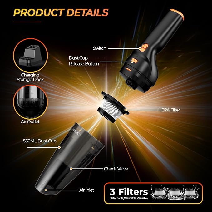 Handheld Vacuum Cordless Rechargeable,Car Vacuum Cleaner with High Power 12000PA Suction,Large-Capacity Battery, with Fast Charging Dock,Dust Busters Wet Dry for Home Car Office Pet
