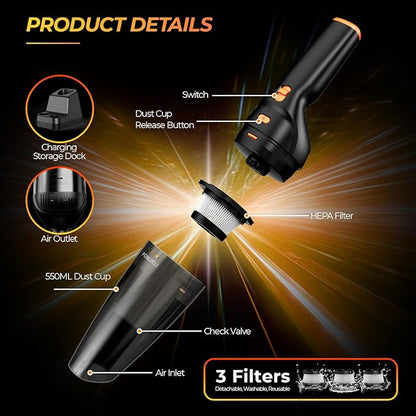 Handheld Vacuum Cordless Rechargeable,Car Vacuum Cleaner with High Power 12000PA Suction,Large-Capacity Battery, with Fast Charging Dock,Dust Busters Wet Dry for Home Car Office Pet