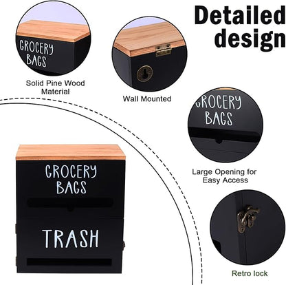 2 in 1 Trash Bag Holder with Grocery Bag Holder, Wooden Trash Bag Dispenser Wall Mounted, Trash Bag Organizer for Countertop/Under Sink, Garbage Bag Holder Dispenser for Plastic Bags, Black