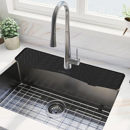 Faucet Mat for Kitchen Sink – 24” x 5.1” Extra-Long Silicone Splash Guard with 10° Slope & Upgraded Drainage – Gen 3 Sink Water Catcher & Sponge Holder for Kitchen, Bathroom (Black)