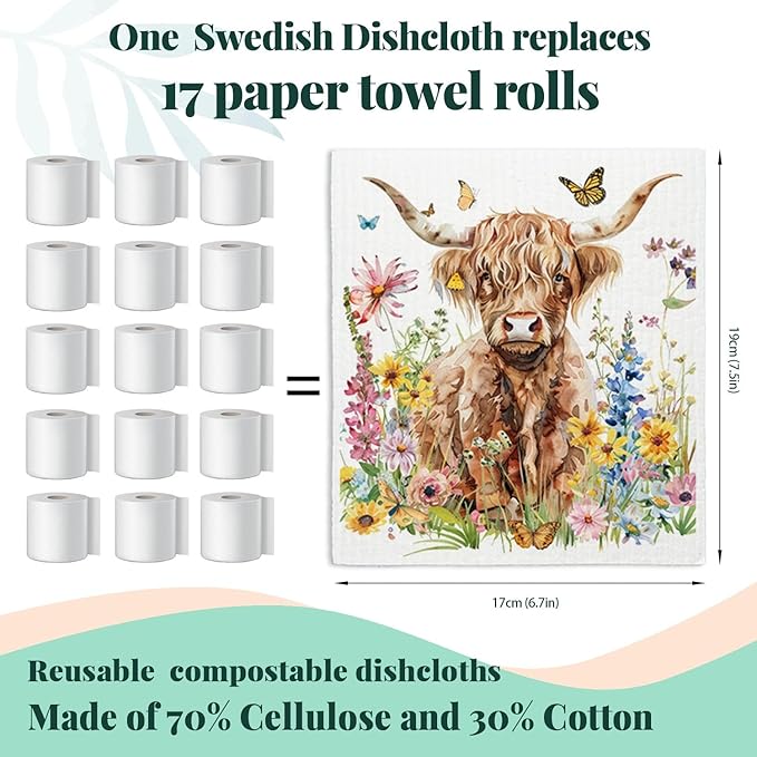Highland Cow Floral Gifts Swedish Dishcloths for Kitchen, 4 Pack Dish Towels Housewarming Gift for Farmhouse Kitchen, Papaya Reusable Paper Towels Washable