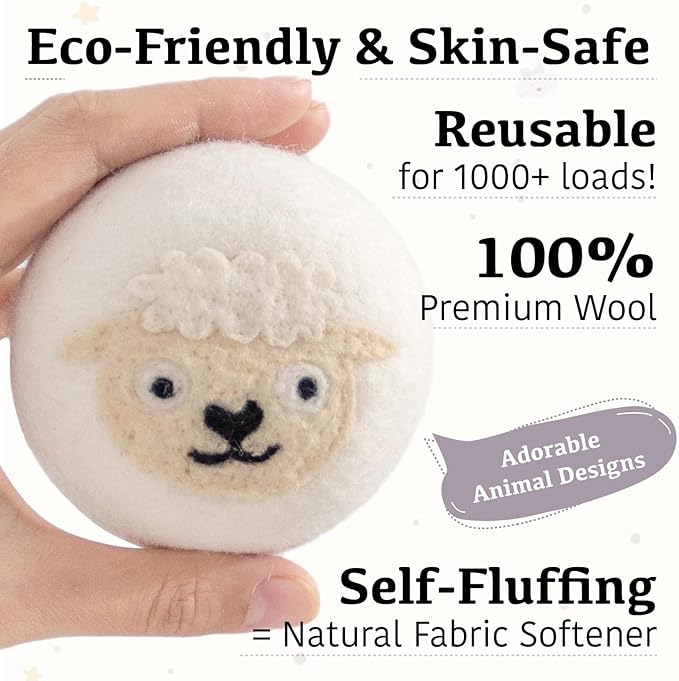 Wool Dryer Balls XL 6-Pack with Felt Storage Box, 100% Pure Wool Dryer Balls, Reusable Laundry Dryer Balls, Reduce Drying Time Wrinkles Static, Natural Fabric Softener Alternative (White Sheep)