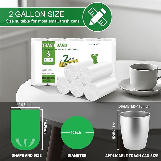 2 Gallon Small Bathroom Trash-Bags - Mini Garbage Bags Biodegradable White Trash Can Liners 200 Count Kitchen Office Car Little Waste Basket Unscented Tiny Strong Thick
