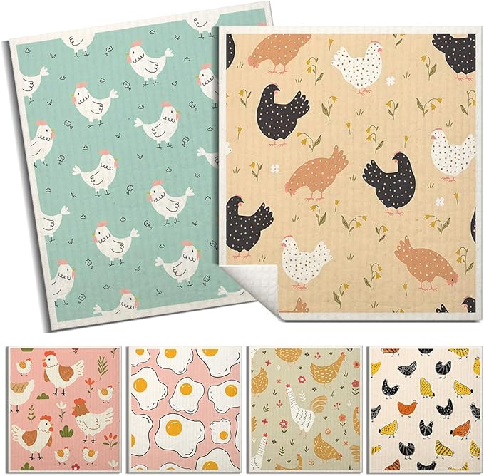Swedish Dishcloths for Kitchen | 6 Pack Floral Reusable Paper Towels Washable | Swedish Dish Towels | Non-Scratch Cellulose Sponge Cloths | No Odor, Biodegradable Cleaning Cloths, Hen