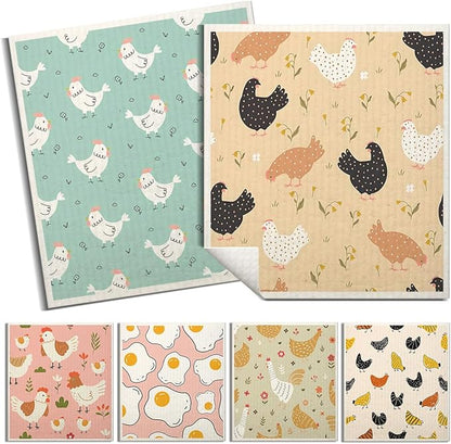 Swedish Dishcloths for Kitchen | 6 Pack Floral Reusable Paper Towels Washable | Swedish Dish Towels | Non-Scratch Cellulose Sponge Cloths | No Odor, Biodegradable Cleaning Cloths, Hen