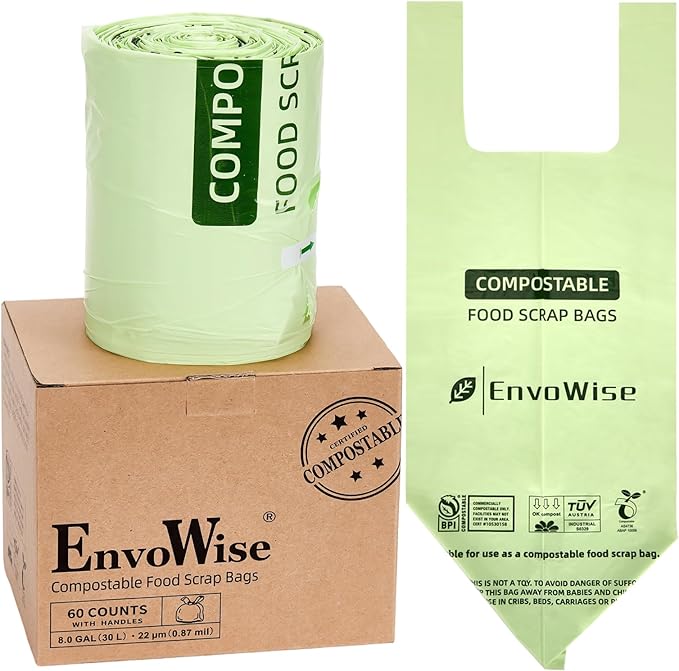 Compostable Trash Bags with Handles – 8 Gallon (30L), 60 Count | Premium Thick BPI & OK Compost Industrial Certified, Tall Slim-Fit Design for 5–8 Gallon Kitchen & Compost Bins