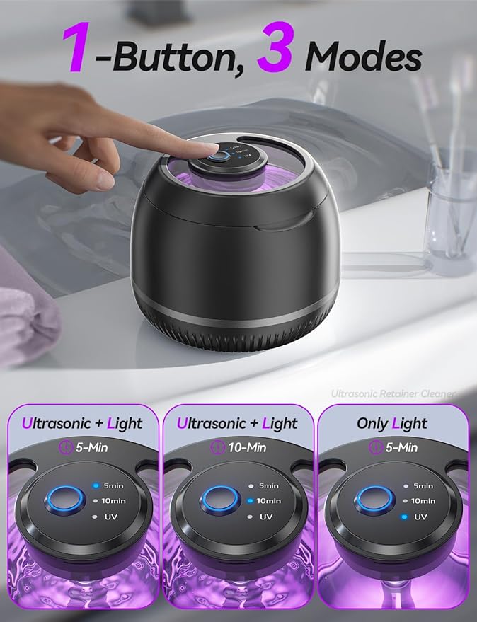 Beser Ultrasonic Retainer Cleaner, 2X Clean, 4X Sterilize, Dental Retainer Cleaner Machine Pod for Aligner, Nightguard, Mouth Guard, Denture Cleaner, Oral Dental Care, IPX6, Black FSA HSA Approved